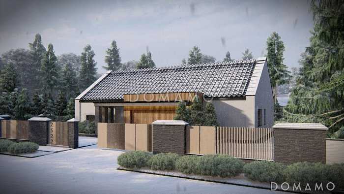 Проект одноэтажного дома с гаражом на две машины, кухней по одной стене с кладовой, кабинетом