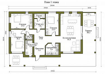 Проект одноэтажного кирпичного дома с сауной, просторной террасой и барбекю / План 1 этажа