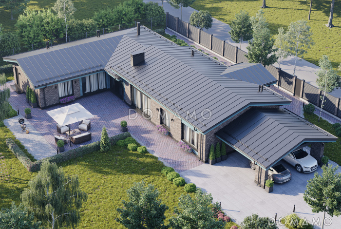 Проект сблокированного дома с утепленной террасой, сауной, 3 спальнями и навесом на 2 машины