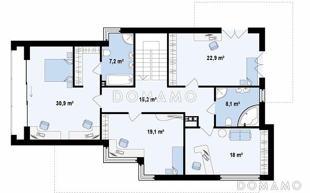 Проект современного двухэтажного дома из газобетона в стиле модерн с пятью спальнями, с гаражом, угловой террасой и балконом над ней / План 2 этажа