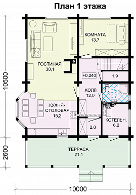 Проект деревянного дома из бруса с мансардой и просторными террасами / План 1 этажа