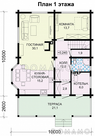 Проект деревянного дома из бруса с мансардой и просторными террасами / План 1 этажа