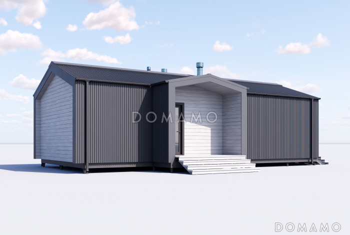 Проект дома в стиле барнхаус с сауной, спальней и кухней-гостиной-столовой