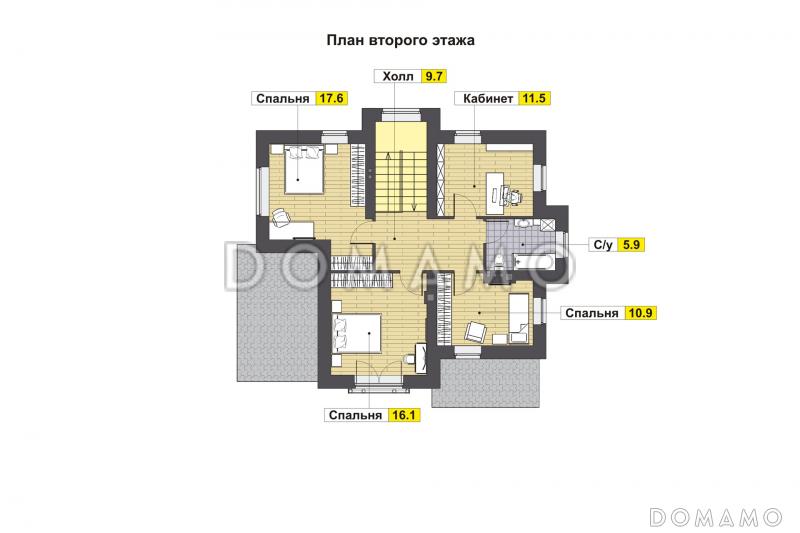 Проект дома по технологии ЛСТК с крытой террасой, кладовой под лестницей. эркерами, гостевой на первом этаже, спальнями и кабинетом на втором этаже / План 2 этажа