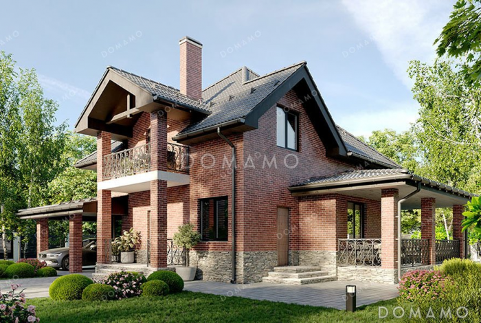 Проект одноэтажного дома с мансардой, просторной террасой и навесом для автомобиля