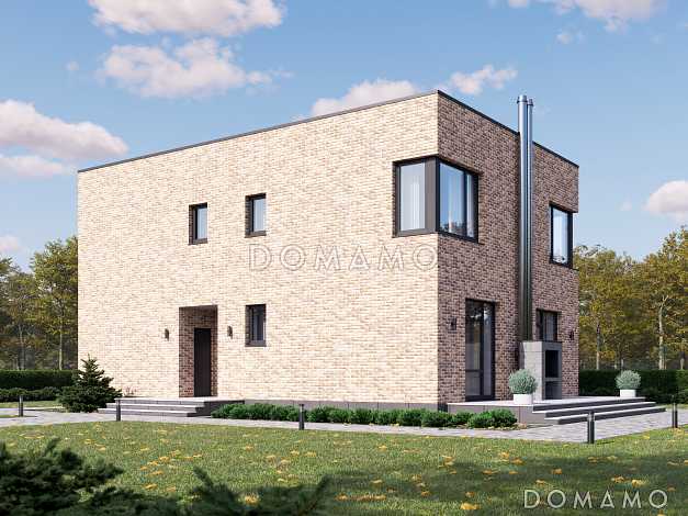 Проект двухэтажного дома с плоской крышей, с пятью спальнями и барбекю на открытой террасе