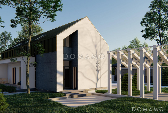 Проект загородного дома с комнатой и гардеробом на первом этаже, тремя спальнями на мансарде, просторной обеденной зоной