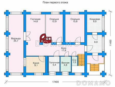Проект двухэтажного дома из бруса с небольшой кухней, тремя спальнями на втором этаже / План 1 этажа
