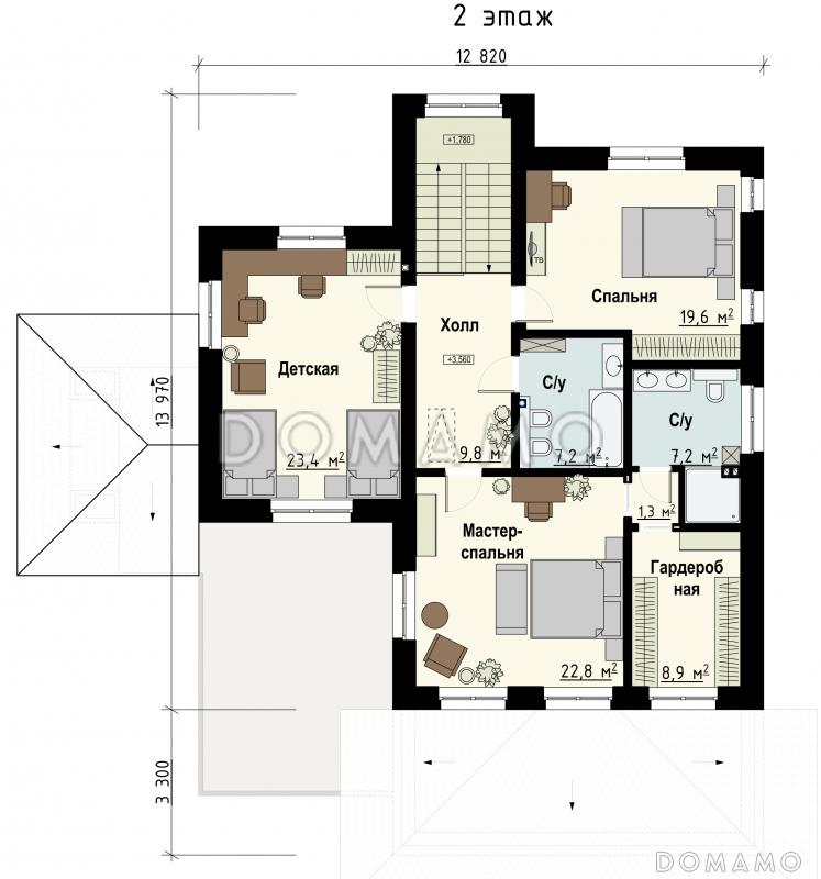Проект дома с гаражом на 2 машины и навесом, сауной, террасой, кабинетом, детской / План 2 этажа