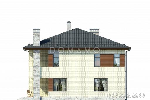 Двухэтажный загородный дом с облицовкой кирпичом, крытой террасой, спальней на первом этаже, двумя балконами / Фасад 4