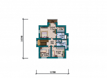 Проект большого двухэтажного дома в стиле Райт с подвалом, большой крытой террасой и балконом на втором этаже / План 2 этажа