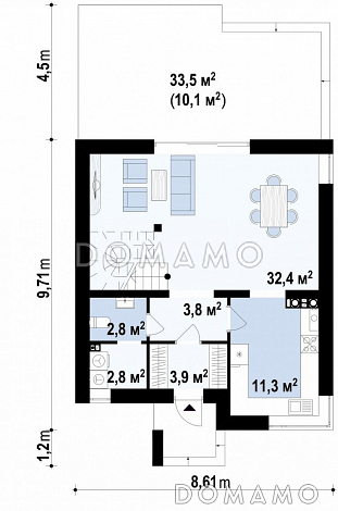 Проект небольшого одноэтажного мансардного дома из кирпича с изолированной кухней и открытой террасой  / План 1 этажа