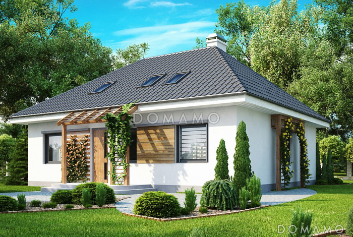 Проект одноэтажного мансардного дома из кирпича с дополнительной комнатой и кабинетом на первом этаже