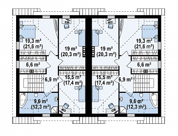 Проект мансардных домов-близнецов из газобетона с гаражом и французскими балконами / План мансардного этажа
