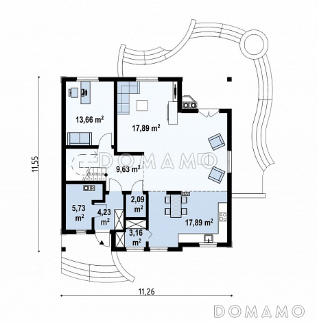 Проект одноэтажного мансардного дома для каркасного строительства с двумя балконами и барбекю на террасой / План 1 этажа
