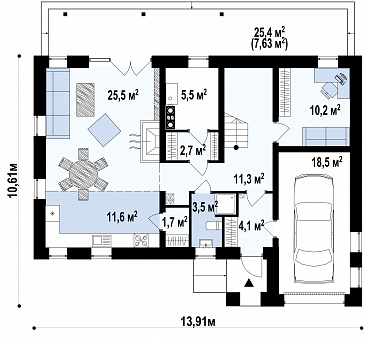 Проект современного мансардного дома из газобетона с пятью комнатами и гаражом / План 1 этажа