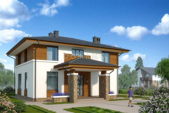 Проект белого коттеджа с панорамным окном гостиной