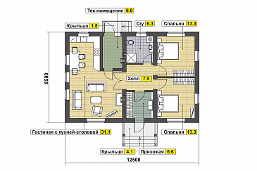 Проект дома с двумя спальнями, гостиной с кухней-столовой, техническим помещением, небольшим холлом и санузлом / План 1 этажа