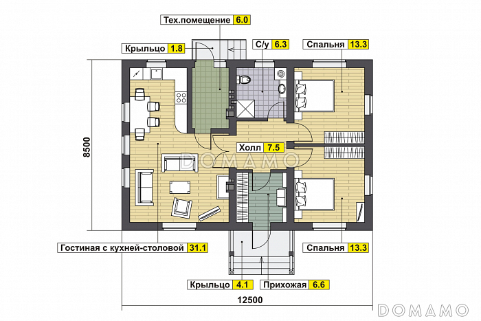Проект дома с двумя спальнями, гостиной с кухней-столовой, техническим помещением, небольшим холлом и санузлом / План 1 этажа