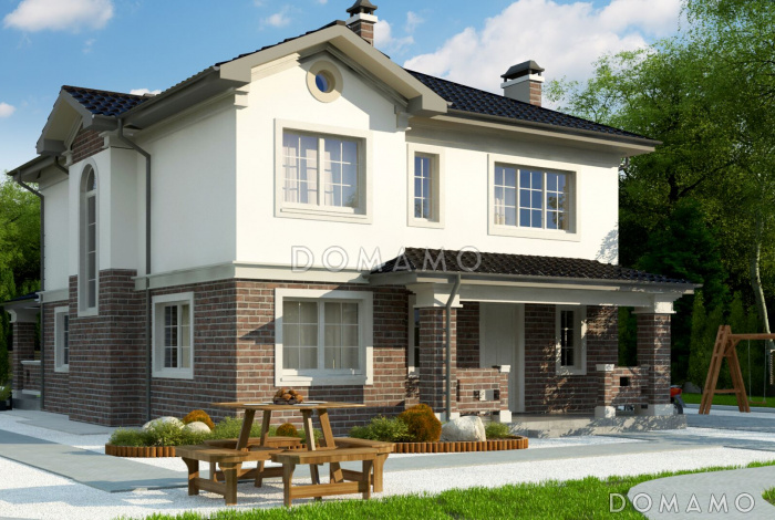 Проект современного двухэтажного дома из газобетона с пятью комнатами и крытой террасой, без гаража