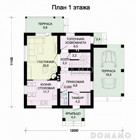 Проект дома из SIP панелей с навесом для автомобиля / План 1 этажа