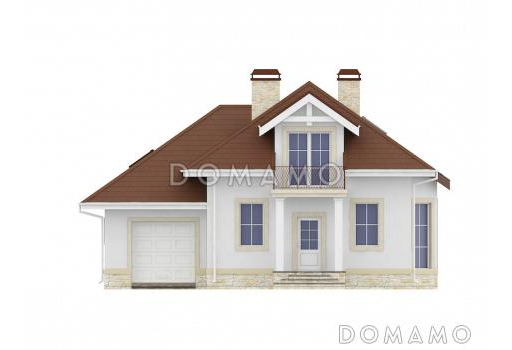 Проект мансардного дома из газобетона с 2 балконами, эркером и гаражом на 1 машину / Фасад 4