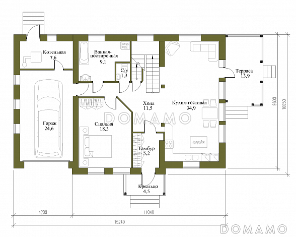 Проект загородного дома под красной кровлей с вторым светом, террасой и гаражом / План 1 этажа