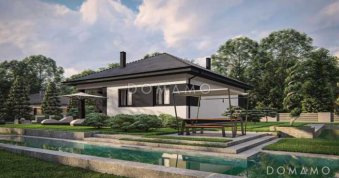 Проект одноэтажного дома с эркером в гостиной, кладовой, террасой