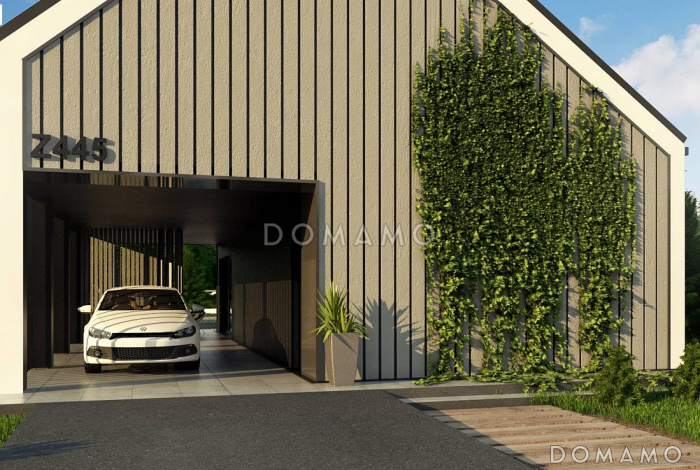 Проект современного одноэтажного мансардного коттеджа из газобетона с большой площадью остекления, вторым светом и навесом для двух автомобилей