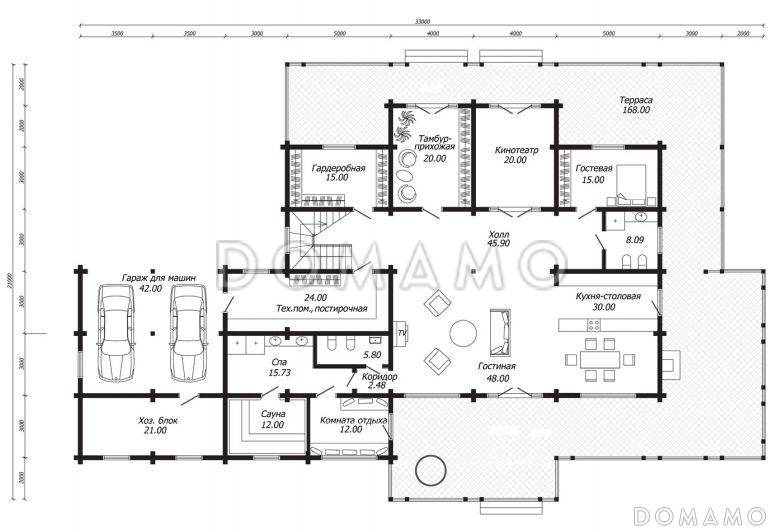 Проект дома из бруса с SPA-зоной и кинотеатром / План 1 этажа