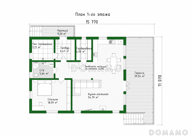 Проект каркасного дома с патио, мансардой и открытой террасой / План 1 этажа
