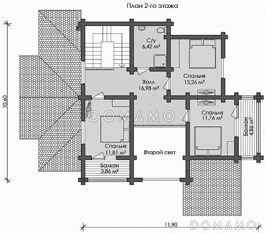 Проект дома с тремя спальными комнатами с двумя балконами и санузлом на втором этаже / План мансардного этажа