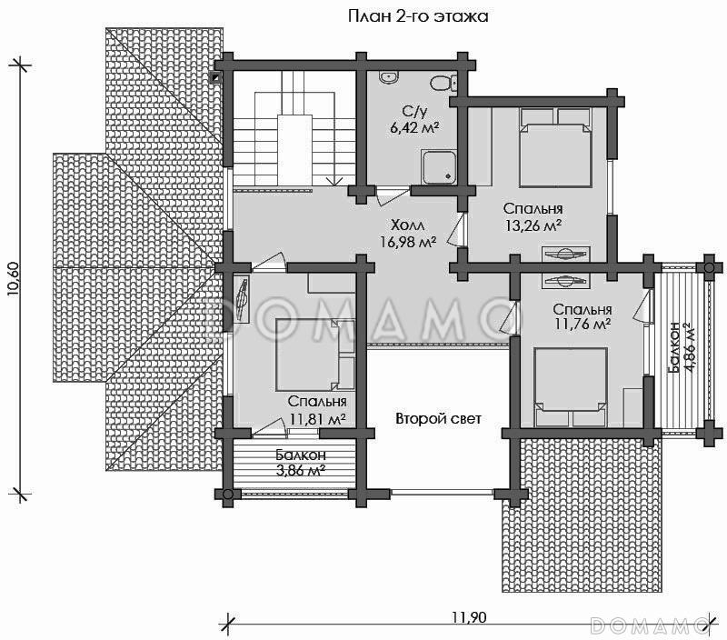 Проект дома с тремя спальными комнатами с двумя балконами и санузлом на втором этаже / План мансардного этажа