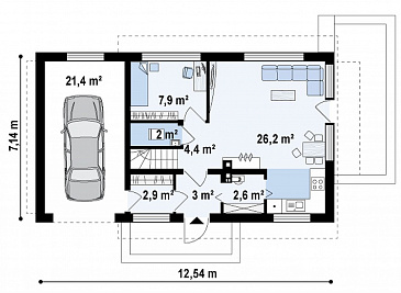 Проект компактного одноэтажного мансардного дома из кирпича с дополнительной спальней на первом этаже и гаражом / План 1 этажа