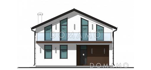 Проект коттеджа с просторной крытой террасой, кабинетом, длинным балконом на мансардном этаже на две спальни / Фасад 1