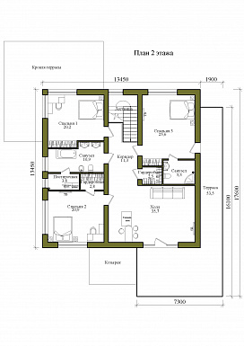 Проект двухэтажного дома с крытой террасой на первом и открытой террасой на втором этажах / План 2 этажа
