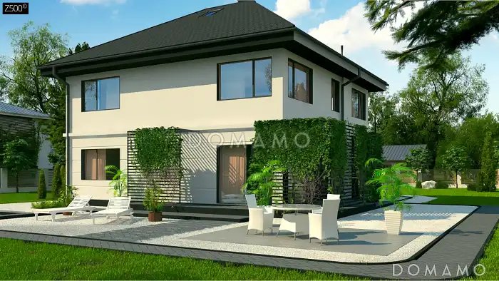 Проект кирпичного двухэтажного дома с гаражом, мастер-спальней и террасой на втором этаже