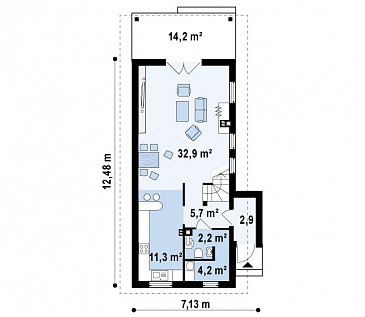 Проект компактного двухэтажного дома из кирпича для строительства на очень узком участке / План 1 этажа