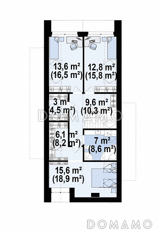 Проект загородного дома с комнатой и гардеробом на первом этаже, тремя спальнями на мансарде, просторной обеденной зоной / План мансардного этажа