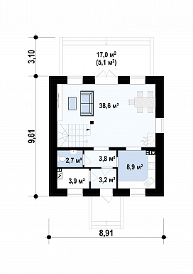 Проект загородного дома с камином в гостиной, изолированной кухней, открытой террасой / План 1 этажа