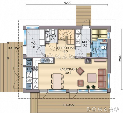 Проект двухэтажного каркасного дома с французским балконам на втором этаже / План 1 этажа