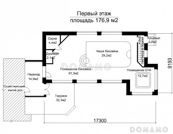 Проект пристроенного к дому бассейна для круглогодичного использования  / План 1 этажа