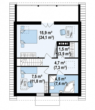 Проект компактного одноэтажного мансардного дома из кирпича с двумя спальнями, кабинетом и двумя крытыми террасами / План мансардного этажа