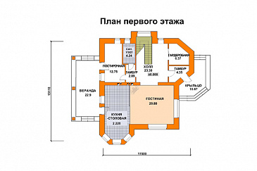 Проект кирпичного дома с многощипцовой крышей / План 1 этажа