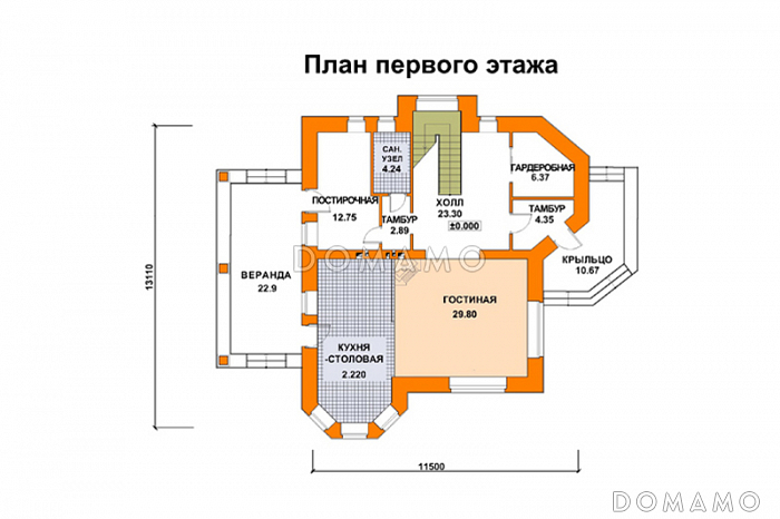 Проект кирпичного дома с многощипцовой крышей / План 1 этажа