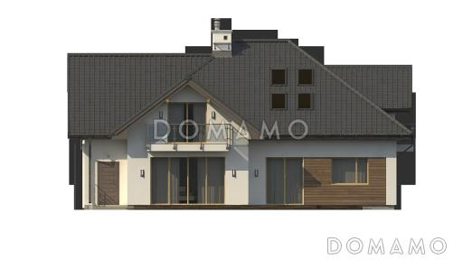 Проект просторного одноэтажного мансардного коттеджа из газобетона с пятью спальнями и гаражом на два автомобиля / Фасад 2