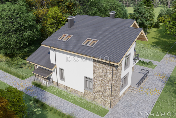 Проект двухэтажного дома из керамических блоков с двускатной крышей с подвалом, террасой и балконом