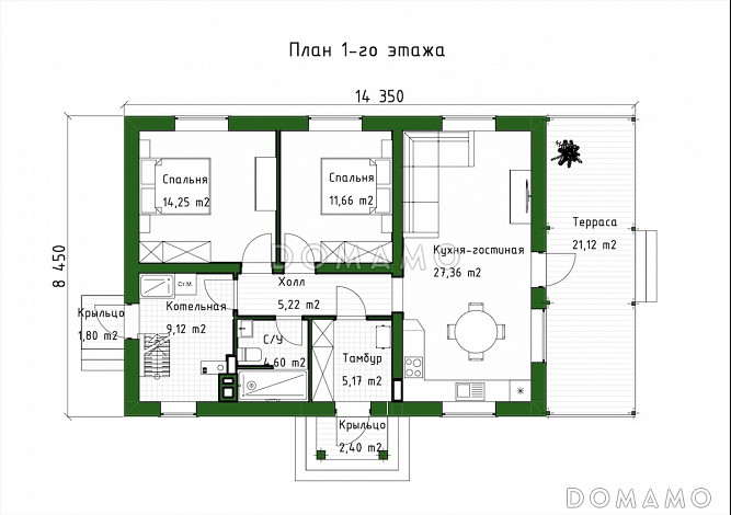 Проект мансардного дома с большим спортзалом / План 1 этажа