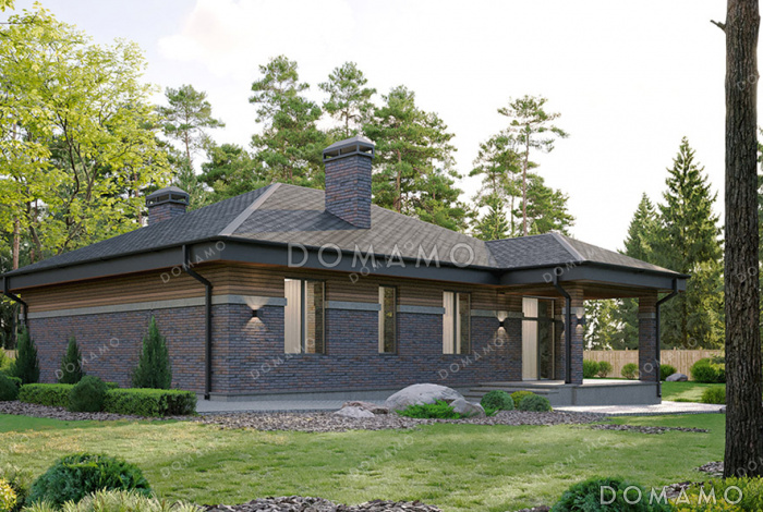 Проект одноэтажного дома с мастер-спальней, просторной кухней-гостиной, сауной и постирочной