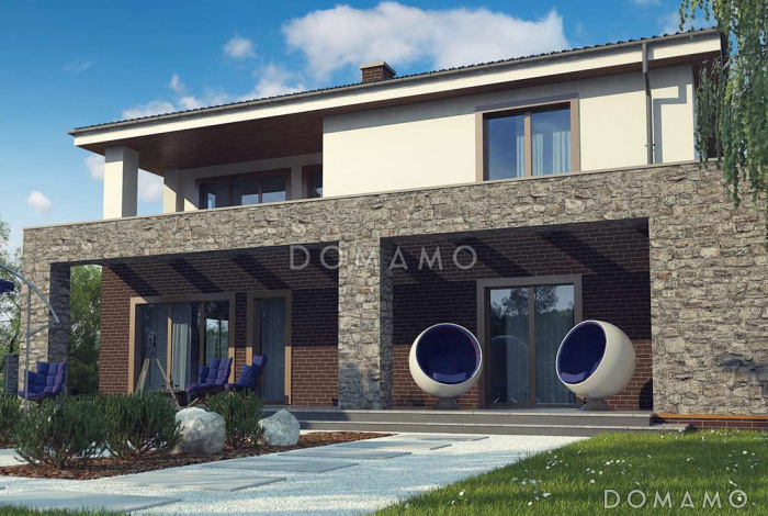 Проект просторного современного двухэтажного дома из газобетона с тремя спальнями, кабинетом, гаражом и сауной